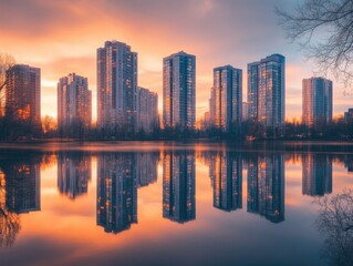 tall buildings casting reflections in a calm urban lake, captured at sunset with no people around