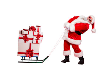 Full length body size view of generous tired funky fat overweight plump gray-haired bearded man carrying purchases winter tradition custom isolated over bright vivid shine red background