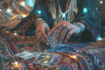Mystical tarot reading with vibrant bohemian decor