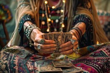 Mystic tarot reading with colorful bohemian decor