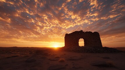 Obraz premium A sunset over a desert with a small building in the distance. The sky is filled with clouds and the sun is setting, creating a warm and peaceful atmosphere