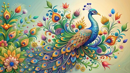 Obraz premium Abstract peacock design with intricate floral ornaments on feathers, ideal for artistic backgrounds and designs