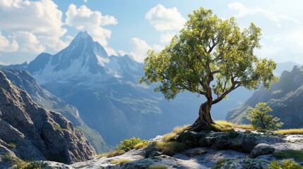 Obraz premium tree growing at the base of a mountain, with towering peaks in the background and a clear sky above