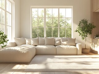 Fototapeta premium Cozy and Inviting Modern Living Room with Minimalist Stylish Decor and Bright Sunlight