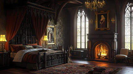 Gothic bedroom with fireplace. Gothic Revival. Illustration