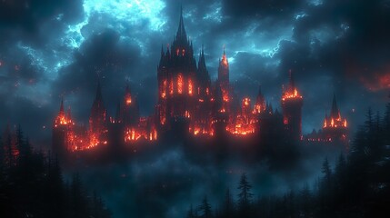 Obraz premium Dark eerie castle glowing neon as banners fly in wind picture
