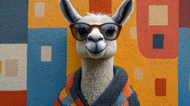 A cute llama with sunglasses standing in front of a colorful wall.
