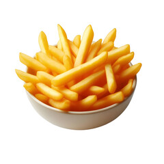 French fries in a white bowl on transparent background.