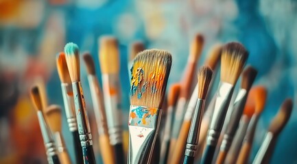 Fototapeta premium A collection of paintbrushes in various sizes and shapes, with one brush standing out as the focal point. 