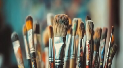 Fototapeta premium A collection of paintbrushes in various sizes and shapes, with one brush standing out as the focal point. 