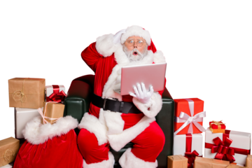 Portrait of his he amazed overwhelmed funky fat overweight plump gray-haired bearded man post office delivery sending wish list isolated over bright vivid shine red background