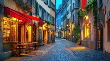 Obraz premium Charming Cobblestone Street with Outdoor Dining