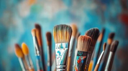 Fototapeta premium A collection of paintbrushes in various sizes and shapes, with one brush standing out as the focal point. 