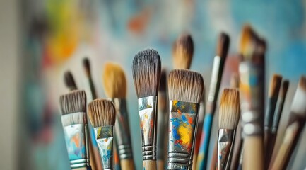 Fototapeta premium A collection of paintbrushes in various sizes and shapes, with one brush standing out as the focal point. 