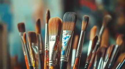 
A collection of paintbrushes in various sizes and shapes, with one brush standing out as the focal point. 