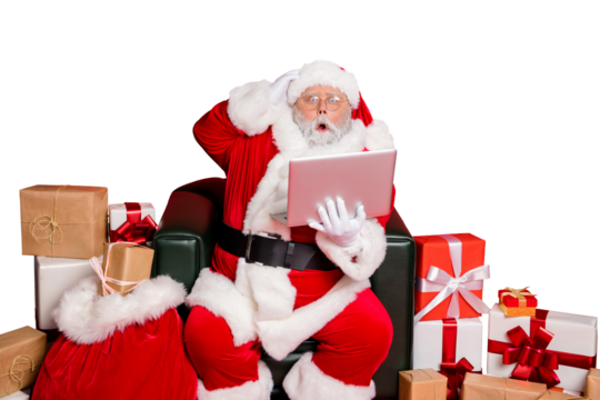 Portrait of his he amazed overwhelmed funky fat overweight plump gray-haired bearded man post office delivery sending wish list isolated over bright vivid shine red background