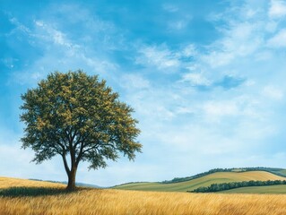 Fototapeta premium tree standing at the edge of a field, with rolling hills in the background and a peaceful blue sky