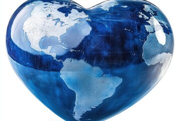 A blue heart with the continents of the world inside of it. The continents are shown in their correct relative sizes and positions