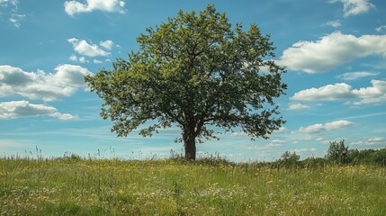 Obraz premium tree surrounded by nature, with tall grass and wildflowers growing at the base, under a bright blue sky