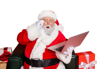 Portrait of his he amazed overwhelmed funky fat overweight plump gray-haired bearded man reading letters wish lists tradition isolated over bright vivid shine red background