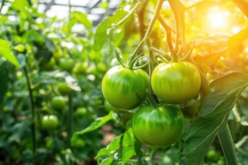 Fresh green tomatoes growing in sunlit greenhouse