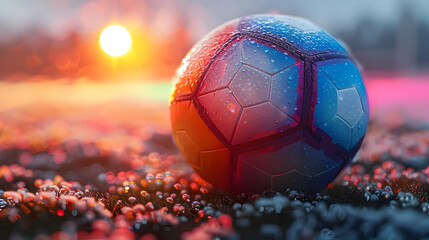 Fototapeta premium Wet Soccer Ball on Grass at Sunset - 3D Illustration