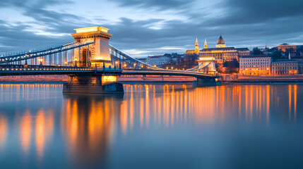 Obraz premium Illuminated chain bridge reflecting in danube river budapest skyline at twilight neogothic architecture long exposure photography. Gothic Revival. Illustration
