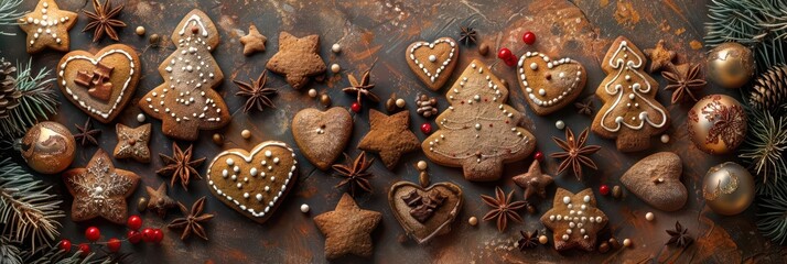 A beautiful arrangement of festive gingerbread cookies in various shapes, adorned with icing and surrounded by holiday decorations.