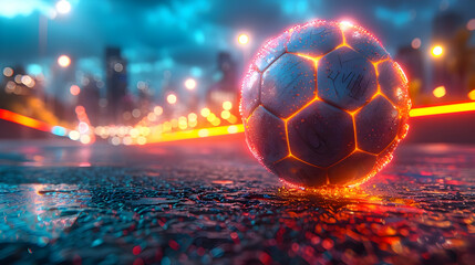 Naklejka premium Glowing Soccer Ball on Wet Pavement at Night 3D Illustration