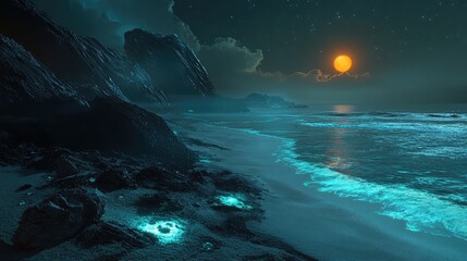 A serene beach on an alien world, where the sand glows softly under the light of a distant sun, and the waves shimmer with bioluminescence.