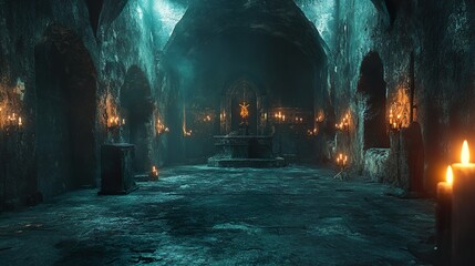 Glowing neon banners flutter on dark eerie castle in wind picture