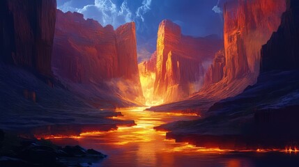 Fototapeta premium A serene canyon with glowing rivers running through, illuminating the towering rock formations under the darkened sky.