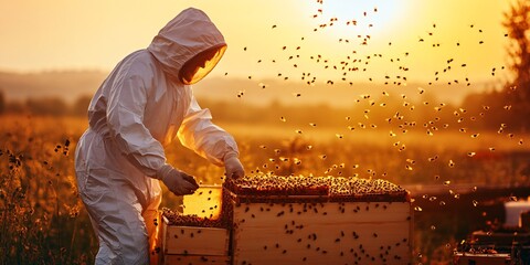 A beekeeper in protective gear works diligently at sunset tending to hives filled with busy bees in a lush green field