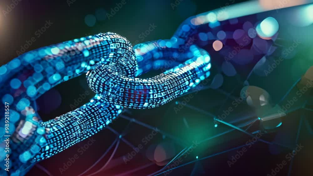 Poster a close-up of a digitally rendered chain, composed of binary code, symbolizing the peer-to-peer natu