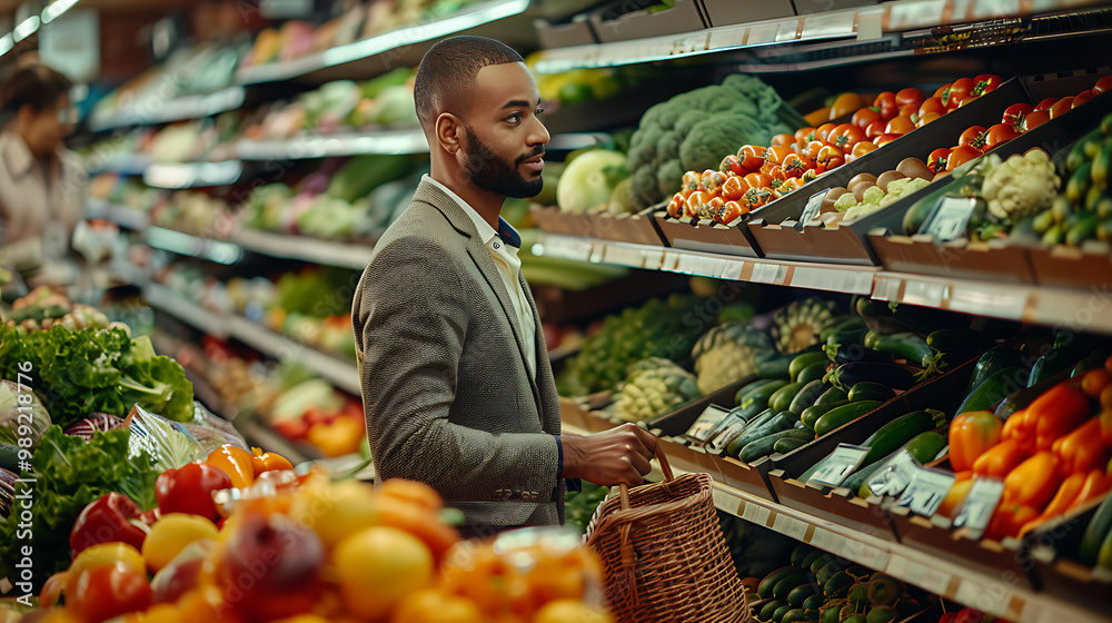 Wall mural A close-up of a happy, stylish young man shopping in the fresh produce section of a supermarket, holding a basket while browsing colorful fruits and vegetables displayed in the grocery store.