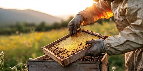 A beekeeper in protective gear works diligently at sunset tending to hives filled with busy bees in a lush green field