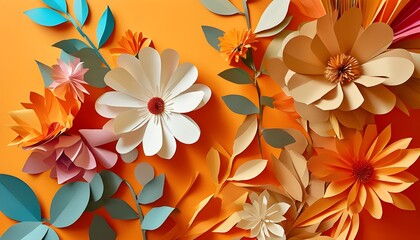 Vibrant paper floral design against an orange backdrop showcasing creativity in craft and artistry