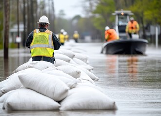 Flood Control Sandbags and Workers Protecting Property
