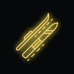 Neon icon of a pair of skis and ski poles is glowing yellow on a black background
