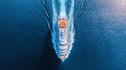 Aerial view of beautiful white cruise ship above luxury cruise close up at stern of cruise sail...