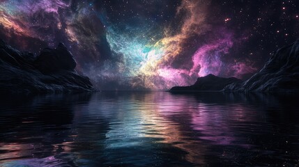 A serene lake on a distant moon, where the water reflects the swirling colors of a nearby nebula, creating a mesmerizing kaleidoscope of light.