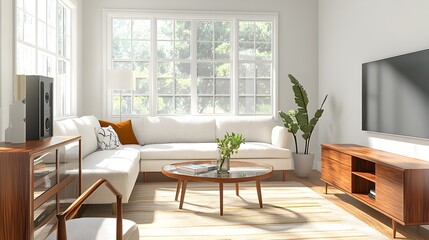 Fototapeta premium Bright and airy living room showcasing a sizable linen wrapped sectional a wood and glass coffee table and a mid century inspired media console