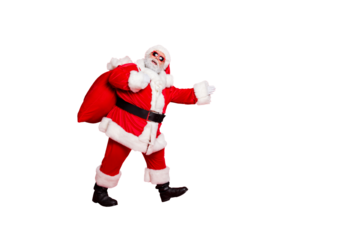 Side profile view photo of cheerful delightful overweight big abdomen grandfather in boots belt fur making steps showing way hand holding huge sack full of interesting surprises isolated background