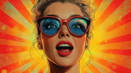 retro comicstyle illustration of excited woman in vintage cinema vibrant pop art colors