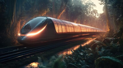 A sleek solar train speeding through a lush, glowing forest, the rails lit by solar panels reflecting the rays of the setting sun.