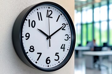 A close-up of a clock on the wall, symbolizing time management and productivity in the office