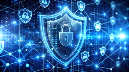 Digital shield is glowing over a network, symbolizing cybersecurity and data protection