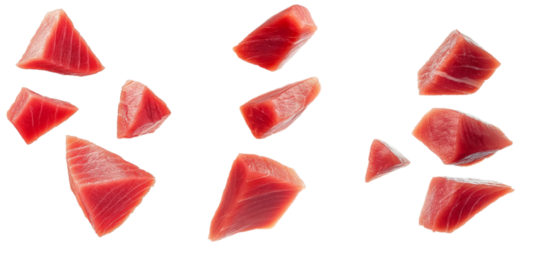 Falling raw tuna steak, fish isolated on white background, clipping path, full depth of field
