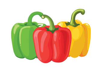 Sweet Green, Red, and Yellow Bell Peppers Isolated on White Background. Bell Peppers in Cartoon Style. Vector Illustration