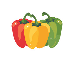 Sweet Green, Red, and Yellow Bell Peppers Isolated on White Background. Bell Peppers in Cartoon Style. Vector Illustration